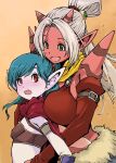  2girls breasts colored_skin demon_girl dragon_quest dragon_quest_x elf_(dq10) green_eyes hair_ornament high_ponytail highres horns large_breasts long_hair maiyu_(dq10) multiple_girls muramasa_mikado ogre_(dq10) open_mouth pointy_ears ponytail red_eyes red_skin scarf simple_background smile spikes tattoo white_hair 
