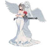  1girl angel_statue bare_shoulders benelli_m1014 bouquet breasts bridal_veil brown_hair cleavage closed_mouth crossed_arms ddal dress flower full_body girls&#039;_frontline gun holding holding_bouquet large_breasts light_blush long_dress long_hair looking_at_viewer looking_to_the_side m1014_(girls&#039;_frontline) m1014_(heartbeat_before_the_angel_statue)_(girls&#039;_frontline) official_alternate_costume official_art profile red_eyes red_flower red_rose rose shotgun simple_background solo standing statue transparent_background veil very_long_hair weapon wedding_dress white_dress 