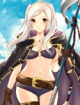  1girl belt bikini blue_sky blush breasts cleavage fire_emblem fire_emblem_awakening fire_emblem_heroes fish gloves highres jewelry jiro_baji long_hair necklace non-web_source official_alternate_costume purple_bikini robe robin_(female)_(fire_emblem) robin_(female)_(summer)_(fire_emblem) robin_(fire_emblem) sky swimsuit twintails white_hair yellow_eyes 