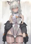 1girl :/ ahoge animal_ear_fluff animal_ears ass_visible_through_thighs bare_shoulders black_jacket blush breasts brown_eyes cellphone cleavage closed_mouth clothes_pull commentary covered_navel cowboy_shot ear_piercing grey_hair hair_between_eyes hand_up highres hitowa holding holding_phone jacket large_breasts leotard long_hair long_sleeves looking_at_viewer off_shoulder open_clothes open_jacket original pantyhose pantyhose_pull pendant_choker phone piercing see-through_cleavage smartphone solo sweatdrop thigh_strap thighs two-tone_leotard unzipped v-shaped_eyebrows white_leotard zipper_pull_tab 