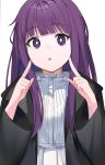  1girl aroa_(aroamoyasi) black_coat blunt_bangs coat commentary_request cut_bangs dress fern_(sousou_no_frieren) highres long_hair looking_at_viewer open_mouth purple_eyes purple_hair simple_background solo sousou_no_frieren straight_hair white_background white_dress 