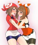  2girls after_kiss bandana bike_shorts bike_shorts_under_shorts blue_eyes blush bow bow_hairband breasts brown_hair commentary dual_persona eye_contact gloves gradient_background hair_bow hairband highres looking_at_another may_(pokemon) medium_breasts multiple_girls open_mouth orange_bow orange_hairband orange_shirt pokemon pokemon_(game) pokemon_oras pokemon_rse red_bandana red_shirt saliva saliva_trail selfcest shirt shorts sleeveless sleeveless_shirt tongue tongue_out vanishingknife white_shorts yuri 