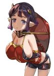  1girl black_shorts bow_(bhp) breasts cleavage copyright_request hat_behind_back horns huge_breasts looking_at_viewer pointy_ears purple_eyes purple_hair red_headwear short_hair short_shorts shorts simple_background solo standing thighs white_background 