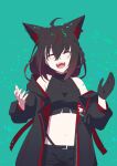  1girl ahoge animal_ear_fluff animal_ears black_gloves black_hair black_shorts braid fangs fox_ears gloves green_background hair_between_eyes highleg highleg_panties hololive jacket kurokami_fubuki long_hair open_clothes open_jacket open_mouth panties senhaku shorts single_braid single_glove solo underwear virtual_youtuber 