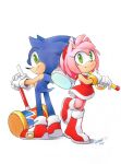  1boy 1girl amy_rose boots dated dress finik gloves hammer highres holding holding_hammer holding_weapon red_dress shoes signature simple_background sonic_(series) sonic_advance_3 sonic_the_hedgehog weapon white_background white_gloves 