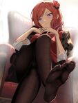  1girl absurdres bad_arm borgbutler brown_pantyhose chair closed_mouth crossed_legs feet flower foot_focus hair_flower hair_ornament highres looking_at_viewer love_live! love_live!_school_idol_project nishikino_maki no_shoes pantyhose puffy_short_sleeves puffy_sleeves purple_eyes red_hair short_sleeves sitting skirt smile soles solo 