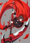  1girl bakuma black_dress black_footwear boots brown_hair cloak dress highres holding holding_scythe holding_weapon looking_at_viewer multicolored_hair red_cloak red_hair red_trim ruby_rose rwby scythe short_hair smile solo streaked_hair weapon 