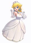  1girl :d absurdres bare_shoulders blonde_hair blue_eyes blue_gemstone breasts bridal_veil bride choker cleavage collarbone dress earrings elbow_gloves eyelashes full_body gem gloves gonzarez hands_up highres jewelry large_breasts lips long_dress looking_at_viewer mario_(series) mario_kart mario_kart_tour open_hands open_mouth pendant_choker ponytail princess_peach princess_peach_(wedding) short_hair simple_background smile solo sphere_earrings strapless strapless_dress super_mario_odyssey tiara veil wedding_dress white_background white_choker white_dress white_gloves 