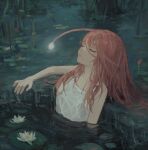  1girl absurdres anglerfish anglerfish_girl check_copyright closed_eyes closed_mouth copyright_request fish grass hair_between_eyes hand_on_ground highres illicium impressionism leaning_back leaning_on_object lily_pad long_hair original partially_submerged red_hair shirt sleeveless sleeveless_shirt solo tsurami96 upper_body water water_lily_flower wet wet_clothes wet_hair wet_shirt white_shirt 