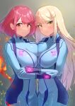  2girls absurdres blonde_hair blue_bodysuit blush bodysuit breast_press breasts closed_mouth cosplay covered_navel cowboy_shot hand_on_another&#039;s_arm highres large_breasts long_hair metroid multiple_girls mythra_(xenoblade) oruru63100814 pyra_(xenoblade) red_eyes red_hair samus_aran samus_aran_(cosplay) short_hair skin_tight smile symmetrical_docking xenoblade_chronicles_(series) xenoblade_chronicles_2 yellow_eyes zero_suit 