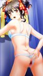  1girl ass bare_arms black_hair bow bra censored changing_room clothing_aside cowboy_shot double_bun doukyuusei_2 doukyuusei_another_world game_cg hair_between_eyes hair_bow hair_bun looking_at_viewer looking_back mosaic_censoring narusawa_yui open_mouth panties panties_aside plaid plaid_bow pussy red_eyes shoulder_blades solo standing underwear underwear_only white_bra white_panties 