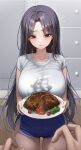  1girl absurdres ame_816 black_hair blue_shorts blush breasts burnt_food collarbone dolphin_shorts flying_sweatdrops food grey_eyes highres large_breasts long_hair looking_at_viewer omelet omurice original parted_bangs plate shirt short_shorts short_sleeves shorts smile solo_focus thighs white_shirt 