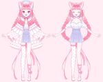  1girl animal_ear_fluff animal_ears asymmetrical_legwear blue_dress blue_headwear blunt_bangs braid cat_ears cat_tail closed_eyes dress frills full_body hairband hand_up highres jikuno long_hair long_sleeves open_mouth original pink_background pink_eyes pink_hair short_sleeves simple_background solo tail thighhighs uneven_legwear white_footwear white_thighhighs wide_sleeves 