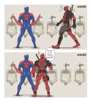  2boys artist_name ass back blue_bodysuit bodysuit deadpool dilfborne_(ventiskull) english_text gun highres large_pectorals male_focus marvel mask miguel_o&#039;hara multiple_boys muscular muscular_male musical_note pectorals red_bodysuit spider-man:_across_the_spider-verse spider-man_(2099) spider-man_(series) two-tone_bodysuit weapon weapon_on_back 