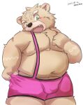  anthro bear belly blush bottomwear brown_body brown_fur bulge clothing crave_saga eyebrows fur gabu_(crave_saga) green_eyes male mammal navel nipples pecs shorts slightly_chubby solo suspenders thick_eyebrows yukino_kouta 