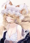  1girl absurdres animal_ears blonde_hair blush bra breasts cleavage closed_mouth collarbone fox_ears fox_tail hat highres large_breasts looking_at_viewer mob_cap multiple_tails sarasadou_dan short_hair solo tail touhou underwear upper_body white_bra white_headwear yakumo_ran yellow_eyes 
