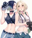  2girls bare_arms bare_shoulders black_vest blonde_hair blue_hair blush bob_cut breasts brown_eyes camera cleavage collarbone crop_top green_eyes green_pants green_wristband highres holding holding_camera jojobirdz large_breasts loose_hair_strand midriff multiple_girls navel off-shoulder_shirt off_shoulder pants perrin_(pokemon) photographer pokemon pokemon_(game) pokemon_sv pokemon_xy shirt sleeveless sleeveless_shirt vest viola_(pokemon) white_shirt 