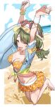  1girl ^_^ absurdres arms_up bare_legs barefoot beach bikini blush bracelet breasts cleavage closed_eyes collarbone eyewear_on_head fingernails gradient_shirt green_hair haruyuki_(gffewuoutgblubh) heart heart-shaped_eyewear highres idolmaster idolmaster_shiny_colors innertube jewelry jumping legs_folded medium_breasts nail_polish nanakusa_nichika navel orange_bikini outdoors polka_dot polka_dot_bikini ring shirt smile solo stomach swimsuit tied_shirt toes visor_cap wristband 