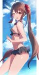  1girl :d absurdres ahoge bare_arms bare_shoulders bikini black_bikini breasts brown_hair commentary genshin_impact groin hair_ornament hair_scrunchie highres hu_tao_(genshin_impact) long_hair looking_at_viewer no_headwear open_mouth red_eyes red_scrunchie scrunchie small_breasts smile snozaki solo standing stomach swimsuit thighs twintails very_long_hair 