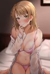  1girl bed blurry blurry_background blush bow bow_bra bra breasts brown_hair cleavage closed_mouth collarbone commentary_request cowboy_shot depth_of_field eyes_visible_through_hair frilled_bra frilled_panties frills highres indoors isshiki_iroha large_breasts light_particles looking_at_viewer medium_hair nakamachi_machi navel on_bed open_clothes open_shirt panties pillow pink_bra pink_panties shirt sitting solo underwear undressing wariza wavy_mouth white_shirt yahari_ore_no_seishun_lovecome_wa_machigatteiru. yellow_eyes 