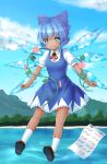  1girl blue_bow blue_dress blue_hair blue_sky bow brown_footwear circled_9 cirno collared_shirt dress eyelashes flower frilled_dress frills hair_bow highres ice ice_wings leaf math melt_(meltdkh) misty_lake paper pink_flower plant puffy_cheeks red_ribbon ribbon shirt short_hair sky socks solo sunflower tanned_cirno tears touhou translated vines white_shirt white_socks wings 