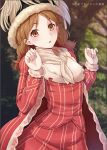  1girl absurdres arm_up arms_up blush breasts brown_eyes brown_hair dress european_clothes forest frilled_jacket frills fur_hat fur_trim hands_up hat hat_feather highres jacket kanden_sky medium_breasts nature neckerchief nipple_slip nipples open_clothes open_jacket open_mouth original outdoors red_jacket red_skirt red_vest skirt small_nipples tree vest 