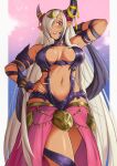  1girl absurdres arm_behind_head asymmetrical_horns bare_shoulders breasts cleavage cleavage_cutout clothing_cutout cloud cloudy_sky commission cowboy_shot delicious_brain dragon_girl fire_emblem fire_emblem_engage grey_horns hair_ornament hair_over_one_eye hand_on_own_hip highres horn_ornament horns large_breasts lips long_hair mature_female mole mole_above_mouth navel open_mouth pointy_ears purple_eyes revealing_clothes simple_background sky smile solo tan tassel tassel_hair_ornament very_long_hair zelestia_(fire_emblem) 