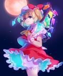  1girl :p ascot blonde_hair bloomers blue_skirt bow center_frills collared_shirt commentary cowboy_shot flandre_scarlet frilled_shirt_collar frilled_skirt frilled_sleeves frills from_side full_moon glowing glowing_crystal hat hat_bow highres looking_at_viewer looking_to_the_side medium_hair mob_cap moon night one_side_up puffy_short_sleeves puffy_sleeves rai_(3stone) red_bow red_eyes red_skirt red_vest shirt short_sleeves skirt solo sparkle tongue tongue_out touhou two-tone_skirt vest w white_headwear white_shirt wings yellow_ascot 