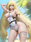  1girl arm_up armlet blonde_hair breasts breasts_apart day green_eyes highres large_breasts limgae long_hair looking_at_viewer lusamine_(pokemon) one-piece_swimsuit outdoors pokemon pokemon_(game) pokemon_sm smile solo swimsuit thigh_strap very_long_hair 