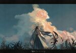  1girl black_hair cloud commentary_request grass hakama hakama_skirt horns japanese_clothes kimono letterboxed long_hair looking_at_viewer miko original outdoors scenery shimekake skirt sky solo standing translation_request very_long_hair 