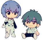  1boy 1girl blue_hair bodysuit chibi grey_hair malan neon_genesis_evangelion pilot_suit plugsuit red_eyes rei_chikita school_uniform short_hair simple_background smile tokyo-3_middle_school_uniform white_background white_bodysuit 