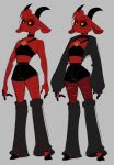  anthro black_sclera bovid caprine clothed clothing demon female fur goat hi_res hooves horn idolomantises junior_(idolomantises) mammal pentagram red_body red_fur red_skin skimpy solo yellow_eyes 