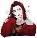  1girl akame_(ryuu_ga_gotoku) black_eyes black_shirt closed_mouth earrings hand_up highres jacket jewelry kkillkille lipstick long_hair long_sleeves makeup one_eye_closed red_hair red_jacket ryuu_ga_gotoku_(series) ryuu_ga_gotoku_7_gaiden shirt simple_background smile solo sparkle upper_body white_background 