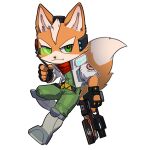  1boy animal_ears animal_nose belt black_gloves body_fur chibi closed_mouth commentary english_commentary fingerless_gloves fox_boy fox_ears fox_mccloud fox_tail full_body furry furry_male gloves green_eyes grey_jacket gun holding holding_gun holding_weapon jacket male_focus orange_fur pruh simple_background solo star_fox tail weapon white_background 