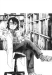  1boy animal animal_on_shoulder belt bespectacled bookshelf breast_pocket chair collared_shirt covered_mouth crossed_legs dated dress_shirt feet_out_of_frame flip-flops glasses greyscale hand_up heterochromia holding holding_pen iguro_obanai kaburamaru kimetsu_gakuen kimetsu_no_yaiba lab_coat long_sleeves looking_at_viewer male_focus marumaru_(curry_tabetai_2) mask monochrome mouth_mask necktie office_chair outside_border pants pen pocket pointing pointing_at_self sandals shirt shirt_tucked_in short_hair sitting sleeves_past_wrists snake socks striped striped_shirt striped_socks swivel_chair 