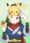  1girl absurdres akari_(pokemon) animal_on_head black_hair cheek_pull eyelashes galaxy_expedition_team_survey_corps_uniform green_background grey_eyes head_scarf highres holding holding_poke_ball kinnzokukoutaku medium_hair on_head one_eye_closed pikachu poke_ball poke_ball_(legends) pokemon pokemon_(creature) pokemon_(game) pokemon_legends:_arceus red_scarf scarf upper_body 