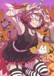  1girl belt bird_girl bird_tail bird_wings eyepatch feathered_wings green_eyes halloween halloween_costume head_wings jewelry kemono_friends kneehighs looking_at_viewer lucky_beast_(kemono_friends) necklace okyao red_hair short_hair skirt socks solo suzaku_(kemono_friends) tail tank_top v wings 