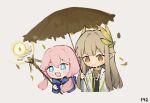  2girls arknights blue_eyes blue_jacket blue_poison_(arknights) blush chibi closed_mouth coat cropped_torso dailybloopy elf green_hair hair_between_eyes holding holding_staff holding_umbrella hood hood_down jacket laurel_crown long_hair long_sleeves low_twintails muelsyse_(arknights) multiple_girls open_mouth orange_eyes pink_hair pointy_ears sidelocks simple_background staff twintails umbrella upper_body white_background white_coat 