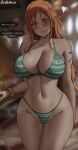  1girl absurdres arm_tattoo bikini blush breasts brown_eyes curvy earrings english_text green_bikini heart highres indoors jewelry large_breasts log_pose long_hair looking_at_viewer midriff nami_(one_piece) navel one_piece orange_eyes orange_hair oroborus pearl_earrings solo speech_bubble stomach striped striped_bikini swimsuit tattoo thighs wide_hips 