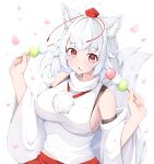  1girl animal_ear_fluff animal_ears bare_shoulders blush breasts dango detached_sleeves food hair_between_eyes hat holding holding_food inubashiri_momiji japanese_clothes large_breasts parted_lips pom_pom_(clothes) red_eyes red_headwear rururiaru sanshoku_dango short_hair simple_background solo tail tokin_hat touhou upper_body wagashi white_background white_hair white_sleeves wide_sleeves wolf_ears wolf_tail 