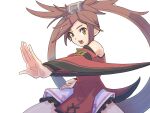  1girl :d bare_shoulders brown_eyes brown_hair china_dress chinese_clothes dress guilty_gear guilty_gear_xrd hair_ornament irc14786149 kuradoberi_jam long_hair long_sleeves looking_at_viewer open_mouth red_dress simple_background smile solo upper_body very_long_hair white_background 