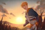  1boy armored_boots artist_name black_shirt blonde_hair boots brown_gloves closed_eyes cloud gloves granblue_fantasy higashigunkan male_focus open_mouth outdoors shirt short_hair sky smile solo sunset translation_request vane_(granblue_fantasy) 