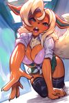  anthro big_breasts blonde_hair bottomwear breasts buckteeth butt cheek_tuft cleavage clothed clothing eeveelution facial_tuft female flareon fluffy fluffy_tail fur generation_1_pokemon green_eyes hair huge_breasts legwear looking_at_viewer nintendo nipples orange_body orange_fur pokemon pokemon_(species) skirt solo tail teeth thefuckingdevil thick_thighs thigh_highs topwear tuft yellow_tail 