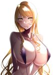  1girl absurdres arms_behind_back blonde_hair blush breasts cleavage collarbone facial_mark fate/grand_order fate_(series) highres large_breasts lee-taro long_hair parted_lips purple_slingshot_swimsuit signature slingshot_swimsuit solo swimsuit vritra_(fate) yellow_eyes 