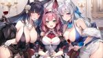  3girls animal_ear_fluff animal_ears azur_lane bare_shoulders black_dress black_gloves black_hair black_hairband breasts commentary cup dress drinking_glass elbow_gloves feather_boa flower fox_ears fox_girl fox_tail gift glass gloves green_eyes grey_hair hair_flower hair_ornament hairband half_gloves halter_dress halterneck hanazuki_(azur_lane) holding holding_gift indoors jewelry large_breasts leaning_to_the_side long_hair looking_at_viewer multiple_girls musashi_(azur_lane) necklace open_mouth pink_hair pinwheel_hair_ornament purple_hair rose shinano_(azur_lane) shirokitsune sitting smile steepled_fingers symbol-only_commentary tail white_flower white_gloves white_rose wine_glass yellow_eyes 