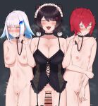  3girls ange_katrina animal_collar animal_ears arms_behind_back bangs bar_censor bdsm black_bustier black_collar black_hair blue_eyes blue_hair blunt_bangs blush breasts breath bustier censored collar collarbone completely_nude crossed_bangs cum cum_in_pussy cumdrip dog_ears dog_girl dog_hair_ornament fangs flat_chest flipped_hair flower frills futanari gamarenji garter_straps hair_between_eyes hair_flower hair_intakes hair_ornament hairclip half-closed_eyes heterochromia highres holding holding_leash inui_toko large_breasts large_penis leash lize_helesta long_hair looking_at_viewer low_twintails maid_headdress medium_breasts multicolored_hair multiple_girls navel nijisanji no_panties nose_blush nude open_mouth orgasm penis purple_eyes pussy red_eyes red_flower red_hair sanbaka_(nijisanji) short_hair smile standing stomach swept_bangs tearing_up trembling twintails two-tone_hair virtual_youtuber wavy_eyes white_hair yellow_eyes 