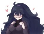  1girl @_@ ahoge alternate_breast_size bags_under_eyes black_hair blush breasts hair_between_eyes hairband hands_on_own_breasts heart hex_maniac_(pokemon) large_breasts long_hair looking_at_viewer open_mouth pokemon pokemon_(game) pokemon_xy purple_eyes purple_hairband purple_nails simple_background smile solo turtleneck white_background yukimich 