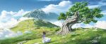  1girl above_clouds blue_sky brown_hair cloud cloudy_sky day dress flower from_behind grass highres landscape long_hair mountain mountainous_horizon nature original outdoors path rock scenery short_sleeves sky solo standing tenca_arts tree white_dress wide_shot 