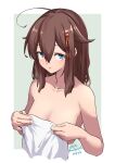  1girl absurdres ahoge blue_eyes brown_hair collarbone commentary_request dated grey_background hair_down hair_flaps highres holding holding_towel kantai_collection looking_at_viewer naked_towel shigure_(kancolle) shigure_kai_ni_(kancolle) solo towel umibudou upper_body 