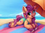  2023 accessory beach cheek_tuft chest_tuft clothing cloud cutie_mark day digital_media_(artwork) earth_pony equid equine eyebrows eyelashes facial_tuft female feral fetlocks fur green_eyes hair hair_accessory hasbro hooves horse inner_ear_fluff leg_tuft mammal mlp_g5 multicolored_hair my_little_pony orange_body orange_fur pink_hooves pony sand seaside solo sunny_starscout_(mlp) swimwear towel tuft umbrella water zeepheru_pone 